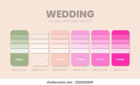 Wedding color scheme. Color Trends combinations and palette guide. Example of table color shades in RGB and HEX. Color swatch for fashion, home, interiors design 2022. Colour chart idea vector.