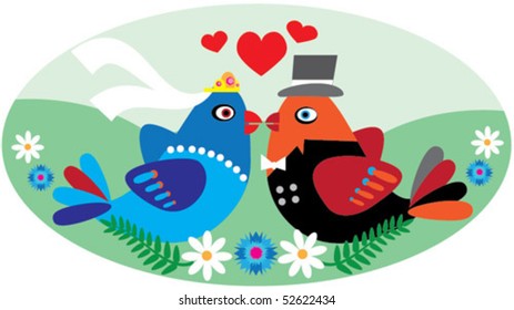 Wedding colored birds in folk decorative style