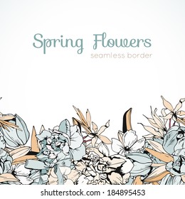 Wedding colored spring flowers, seamless border, hand drawn