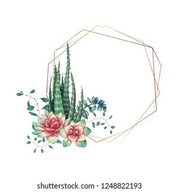 Wedding colorfiull frame with succulent and cacti. Vector.