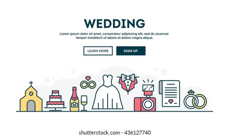 Wedding, colorful concept header, flat design thin line style, vector illustration