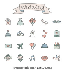 Wedding colorful icons set in doodle style. Cartoon vector and illustration, hand drawn style, isolated on white background.