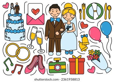 Wedding colorful stickers in flat design. These whimsical cartoon illustrations featuring wedding elements are perfect for adding a touch of romance to designs. Vector illustration.
