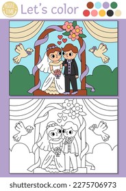 Wedding coloring page for children with cute just married couple under arch. Vector marriage ceremony color book for kids with bride, groom and colored example. Drawing skills printable worksheet
