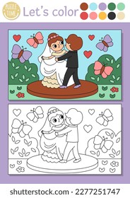 Wedding coloring page for children with cute dancing just married couple. Vector marriage ceremony color book for kids with bride, groom and colored example. Drawing skills printable worksheet
