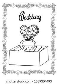 Wedding coloring page isolated with line art wreath. Wedding line art coloring sheets. Wedding activity page.