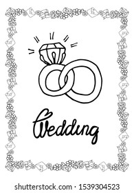Wedding coloring page isolated with line art wreath. Wedding line art coloring sheets. Wedding activity page.