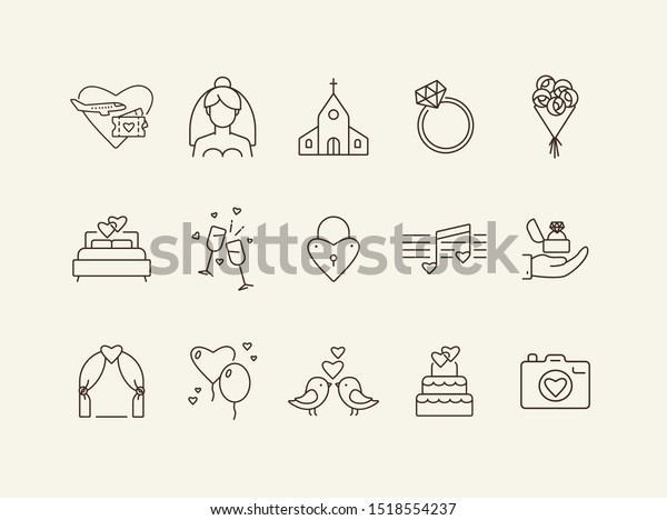 Wedding company icons. Wedding arch, just\
married car, bouquet. Wedding concept. Vector illustration can be\
used for topics like marriage, family,\
love