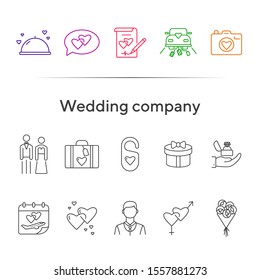 Wedding company line icons. Wedding arch, just married, proposal. Wedding concept. Vector illustration can be used for topics like marriage, family, love