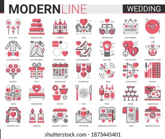 Wedding complex red black flat line icon vector illustration set. Wedding ceremony and bridal party organization, linear collection of bride clothes, jewelry rings, cake balloon flowers