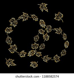 Wedding composition.  Gold leaves on a black background. Rings. Hand drawn vector illustration.