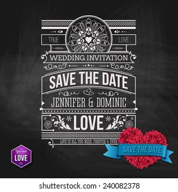 Wedding Concept - Artistic Save the Date Template Design on Gray Background. Emphasizing Red Furry Heart Shape with Save the Date Texts on Light Blue Ribbon.