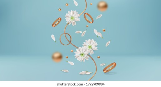 Cartel de concepto de boda. Flores blancas, pétalos voladores y anillos de boda. Ilustración 3d realista