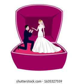 Wedding concept with bride and bridegroom in beautiful jewelery box cartoon vector illustration. Beautiful bride and groom. Marriage and wedding, fashion, style and beauty advertising poster.