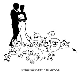 Wedding concept of bride and groom wedding couple in silhouette with a white bridal wedding dress abstract floral pattern gown