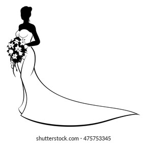 Wedding concept of bride silhouette in white bridal dress gown holding a floral bouquet of flowers