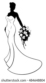 Wedding concept of bride in silhouette in a white bridal dress gown holding a floral bouquet of flowers