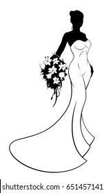 Wedding concept of bride silhouette in white bridal dress gown holding a floral bouquet of flowers