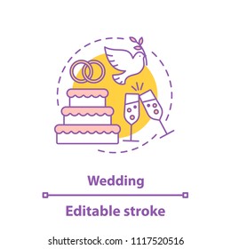 Wedding concept icon. Engagement idea thin line illustration. Marriage celebration. Champagne, wedding cake, dove. Vector isolated outline drawing. Editable stroke