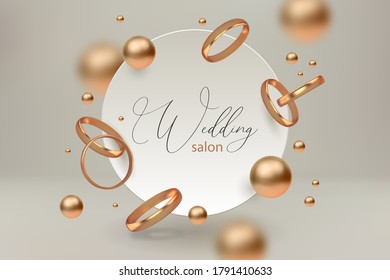 Wedding concept illustration. Abstract vector composition with golden rings. Realistic 3d shapes