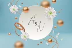 Wedding Concept Illustration. Modern Abstract Banner With Flower, Wedding Rings And Gold Decor Elements. Realistic 3d Illustration