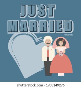 Wedding concept. Paper bride and groom. Congratulatory card just married. Retro flat cartoon style. Illustration for t shirts