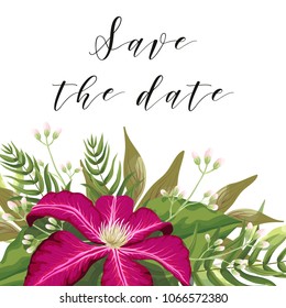 Wedding concept template invite card with clematis flower, ranunculus, fern leaves, branch, greenery. Romantic invitation, save the date card design. Foliage in rustic boho style. Elegant illustration