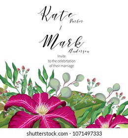 Wedding concept template invite card with clematis flower, violent ranunculus, fern leaves, eucalyptus branch, greenery. Romantic invitation, save the date card design. Foliage in rustic boho style. 