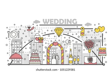 Wedding concept vector illustration. Modern thin line art flat style design element with wedding symbols, icons for website banners and printed materials.