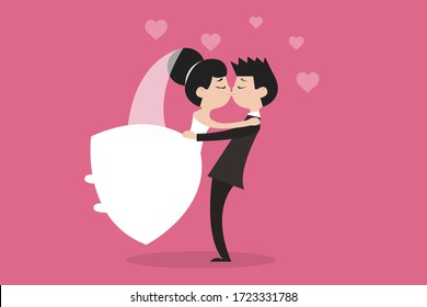 Wedding concept. Woman in white gown dress man in black suit couple, bride and groom dancing and kissing isolated on pink background. Eps vector illustration flat style graphic elements template