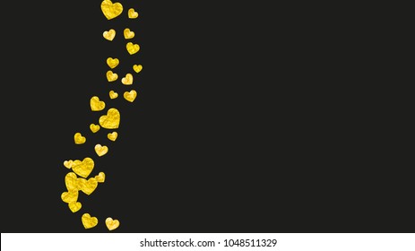 Wedding confetti with gold glitter hearts. Valentines day. Vector background. Hand drawn texture. Love theme for voucher, special business banner. Wedding confetti template with hearts.