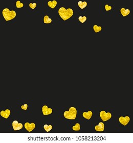 Wedding confetti with gold glitter hearts. Valentines day. Vector background. Hand drawn texture. Love theme for voucher, special business banner. Wedding confetti template with hearts.