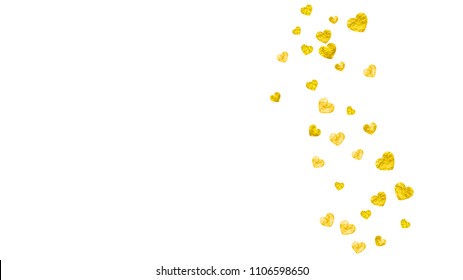 Wedding confetti with gold glitter hearts. Valentines day. Vector background. Hand drawn texture. Love theme for poster, gift certificate, banner. Wedding confetti template with hearts.