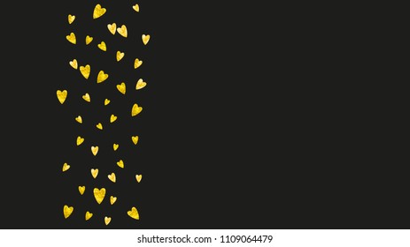 Wedding confetti with gold glitter hearts. Valentines day. Vector background. Hand drawn texture. Love theme for gift coupons, vouchers, ads, events. Wedding confetti template with hearts.
