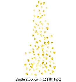 Wedding confetti with gold glitter hearts. Valentines day. Vector background. Hand drawn texture. Love theme for poster, gift certificate, banner. Wedding confetti template with hearts.