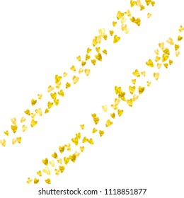 Wedding confetti with gold glitter hearts. Valentines day. Vector background. Hand drawn texture. Love theme for party invite, retail offer and ad. Wedding confetti template with hearts.