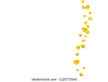 Wedding confetti with gold glitter hearts. Valentines day. Vector background. Hand drawn texture. Love theme for party invite, retail offer and ad. Wedding confetti template with hearts.