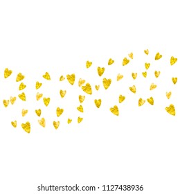 Wedding confetti with gold glitter hearts. Valentines day. Vector background. Hand drawn texture. Love theme for party invite, retail offer and ad. Wedding confetti template with hearts.