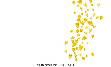 Wedding confetti with gold glitter hearts. Valentines day. Vector background. Hand drawn texture. Love theme for poster, gift certificate, banner. Wedding confetti template with hearts.