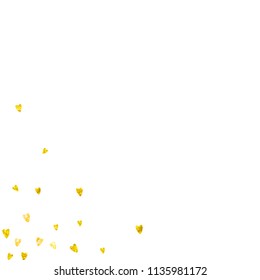 Wedding confetti with gold glitter hearts. Valentines day. Vector background. Hand drawn texture. Love theme for gift coupons, vouchers, ads, events. Wedding confetti template with hearts.