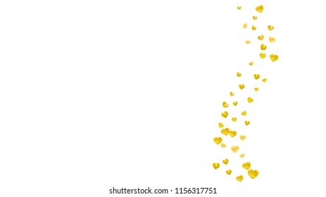 Wedding confetti with gold glitter hearts. Valentines day. Vector background. Hand drawn texture. Love theme for party invite, retail offer and ad. Wedding confetti template with hearts.