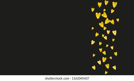 Wedding confetti with gold glitter hearts. Valentines day. Vector background. Hand drawn texture. Love theme for gift coupons, vouchers, ads, events. Wedding confetti template with hearts.