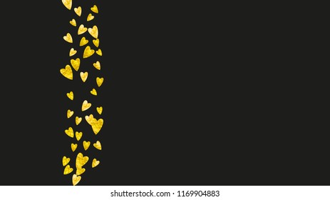 Wedding confetti with gold glitter hearts. Valentines day. Vector background. Hand drawn texture. Love theme for poster, gift certificate, banner. Wedding confetti template with hearts.