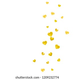 Wedding confetti with gold glitter hearts. Valentines day. Vector background. Hand drawn texture. Love theme for flyer, special business offer, promo. Wedding confetti template with hearts.