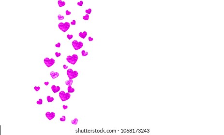 Wedding confetti with pink glitter hearts. Valentines day. Vector background. Hand drawn texture. Love theme for flyer, special business offer, promo. Wedding confetti template with hearts.