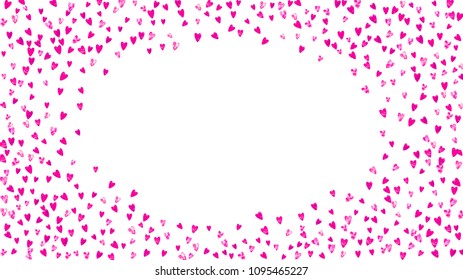 Wedding confetti with pink glitter hearts. Valentines day. Vector background. Hand drawn texture. Love theme for poster, gift certificate, banner. Wedding confetti template with hearts.
