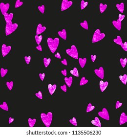 Wedding confetti with pink glitter hearts. Valentines day. Vector background. Hand drawn texture. Love theme for voucher, special business banner. Wedding confetti template with hearts.