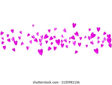 Wedding confetti with pink glitter hearts. Valentines day. Vector background. Hand drawn texture. Love theme for flyer, special business offer, promo. Wedding confetti template with hearts.