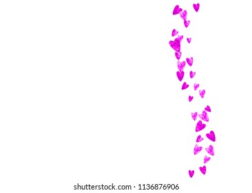 Wedding confetti with pink glitter hearts. Valentines day. Vector background. Hand drawn texture. Love theme for voucher, special business banner. Wedding confetti template with hearts.