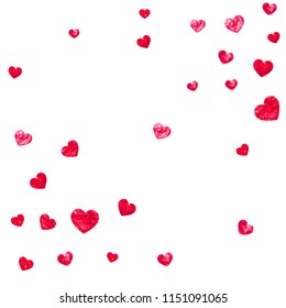 Wedding confetti with pink glitter hearts. Valentines day. Vector background. Hand drawn texture. Love theme for flyer, special business offer, promo. Wedding confetti template with hearts.